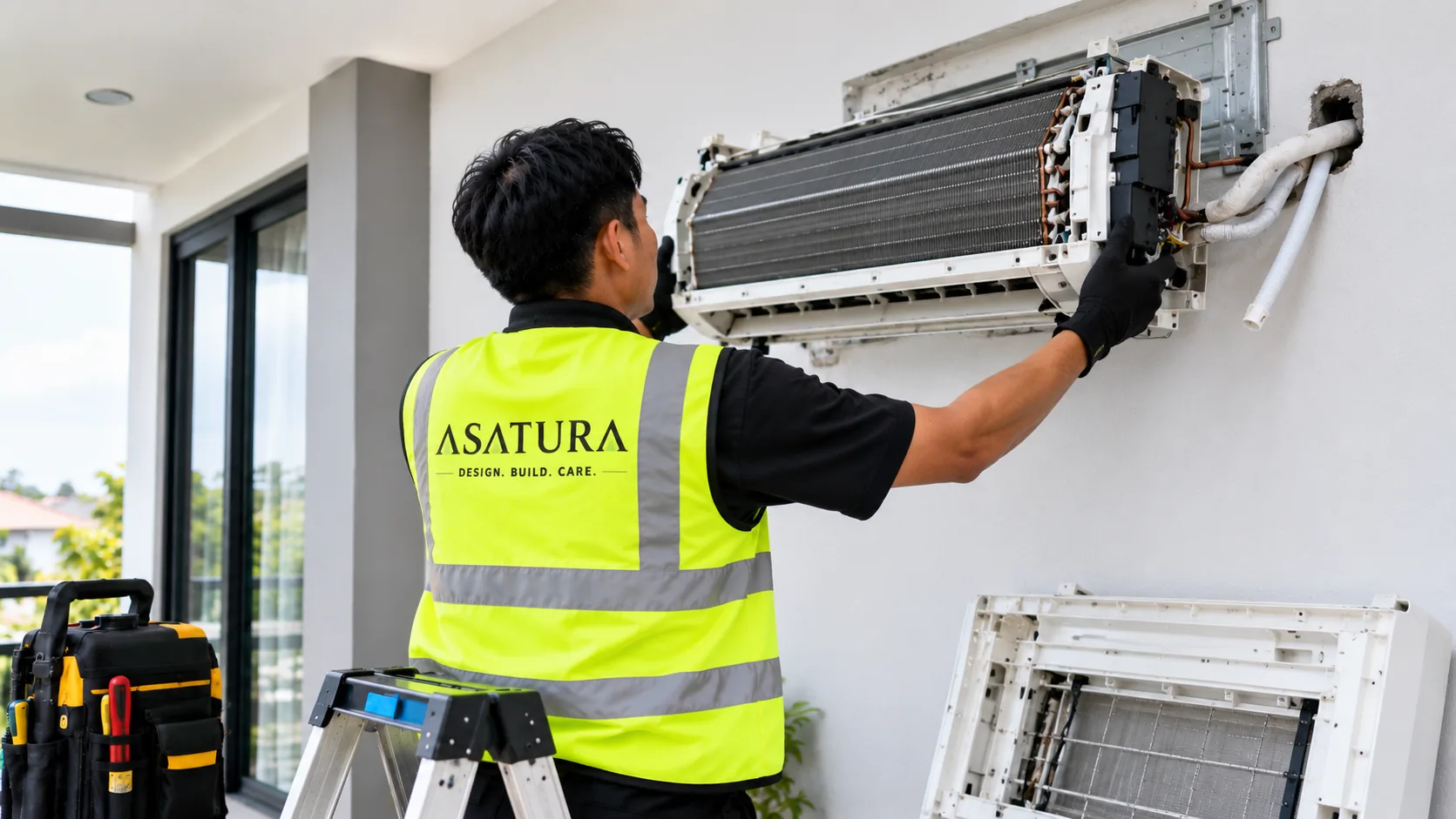 Teknisi ASATURA melepas unit indoor AC dari dinding untuk dipindahkan ke lokasi baru