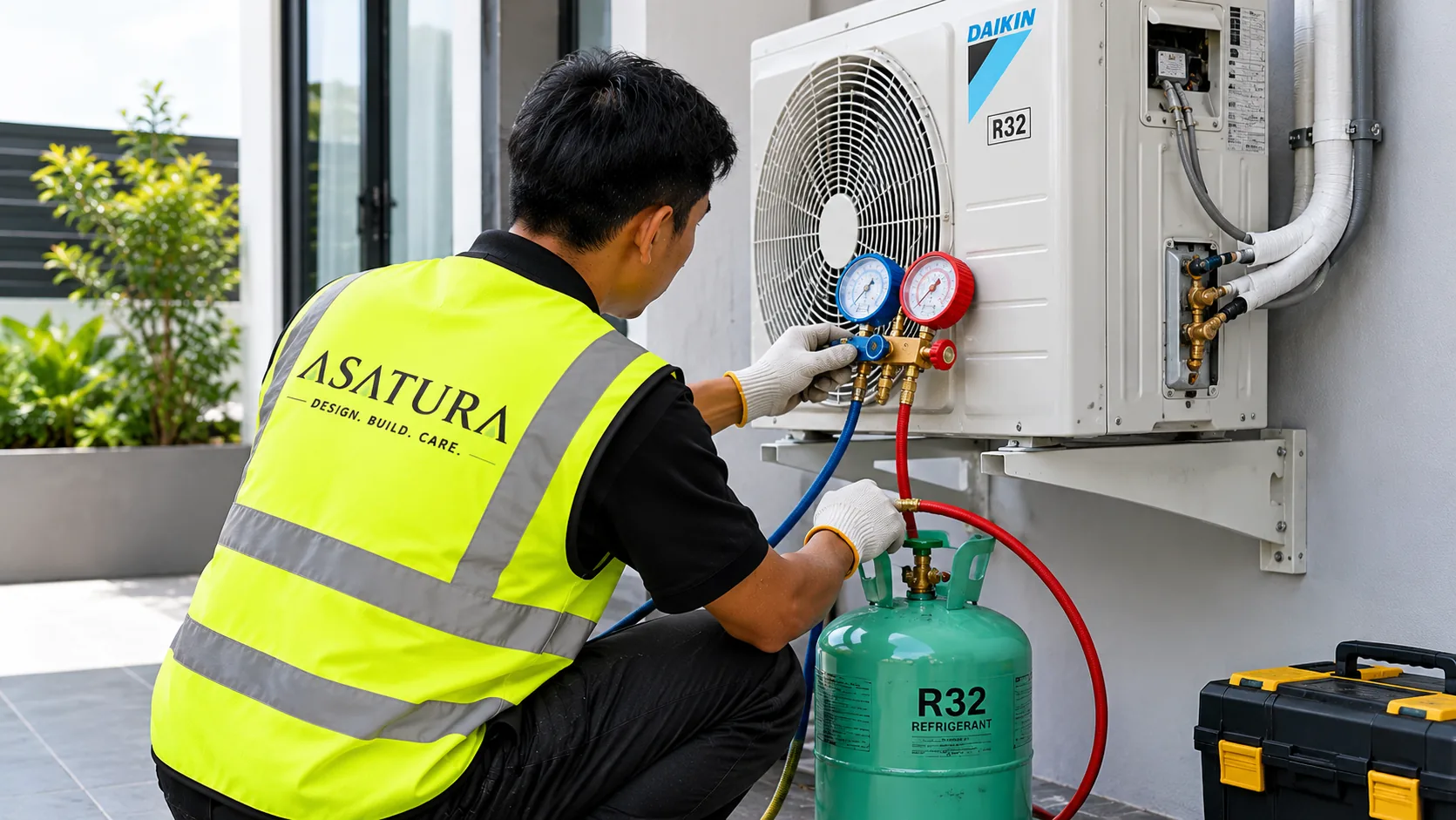 Teknisi ASATURA mengisi freon AC menggunakan manifold gauge di rumah pelanggan Jakarta