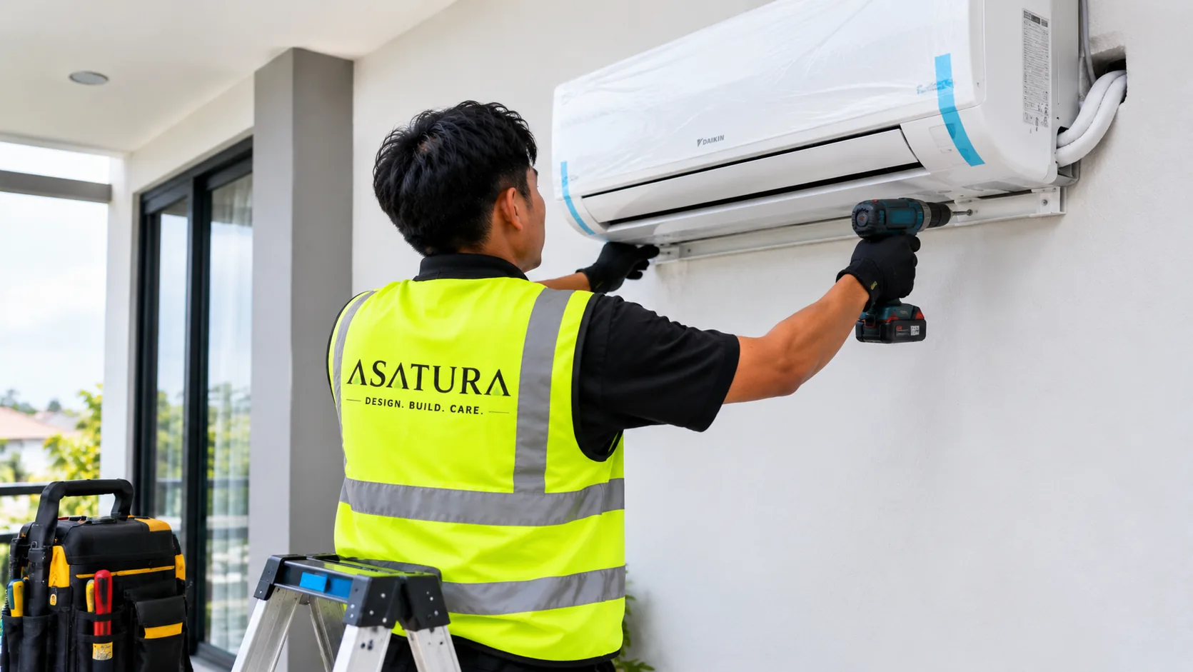 Tim ASATURA memasang unit AC split baru di dinding kamar