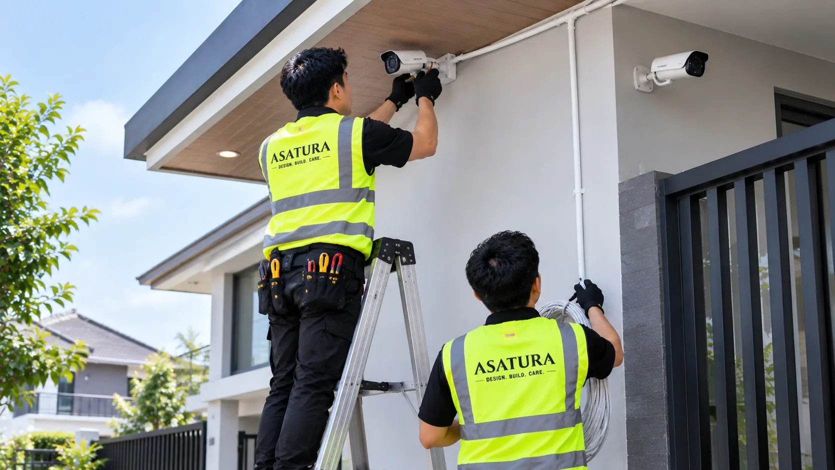 Dua teknisi ASATURA memasang kamera CCTV outdoor di rumah pelanggan Jakarta