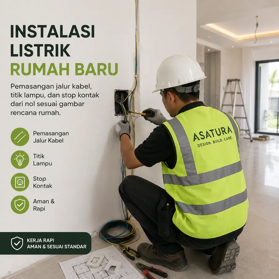 Teknisi ASATURA memasang jalur kabel instalasi listrik di rumah baru