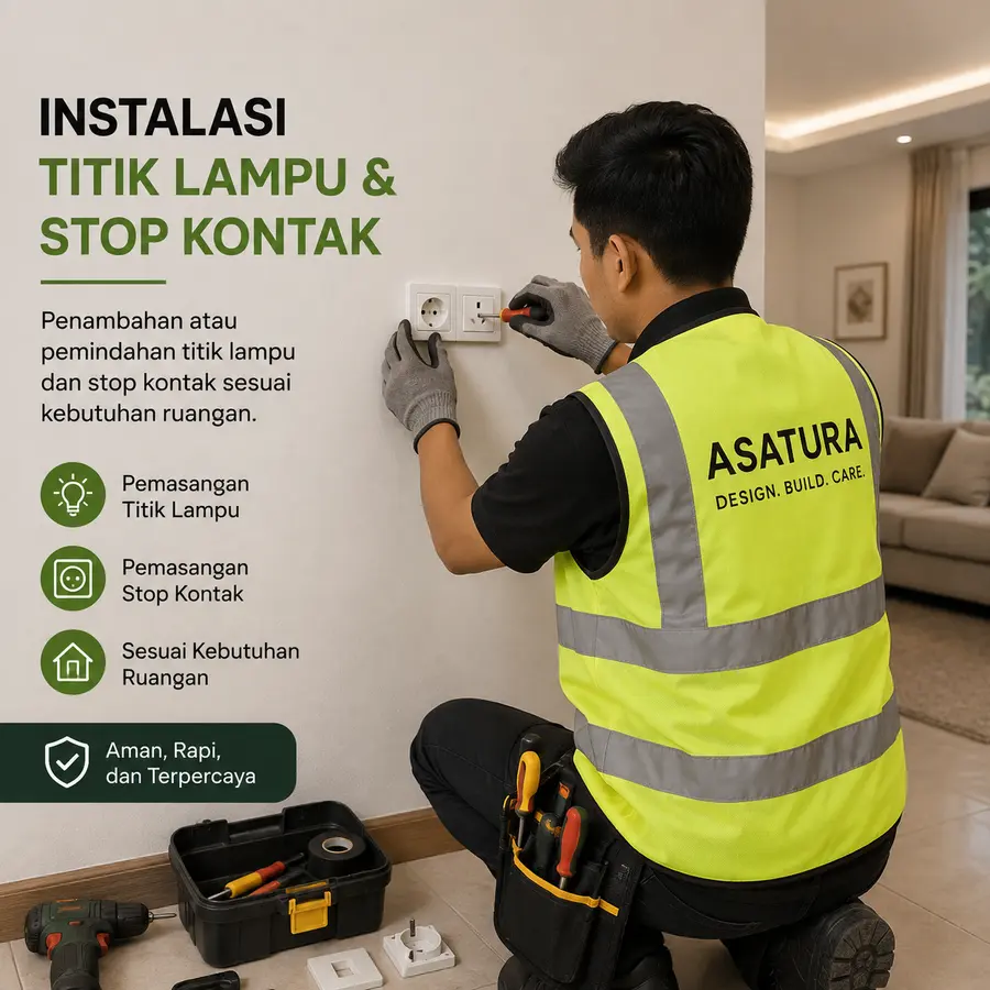 Teknisi ASATURA memasang stop kontak baru di dinding ruang keluarga