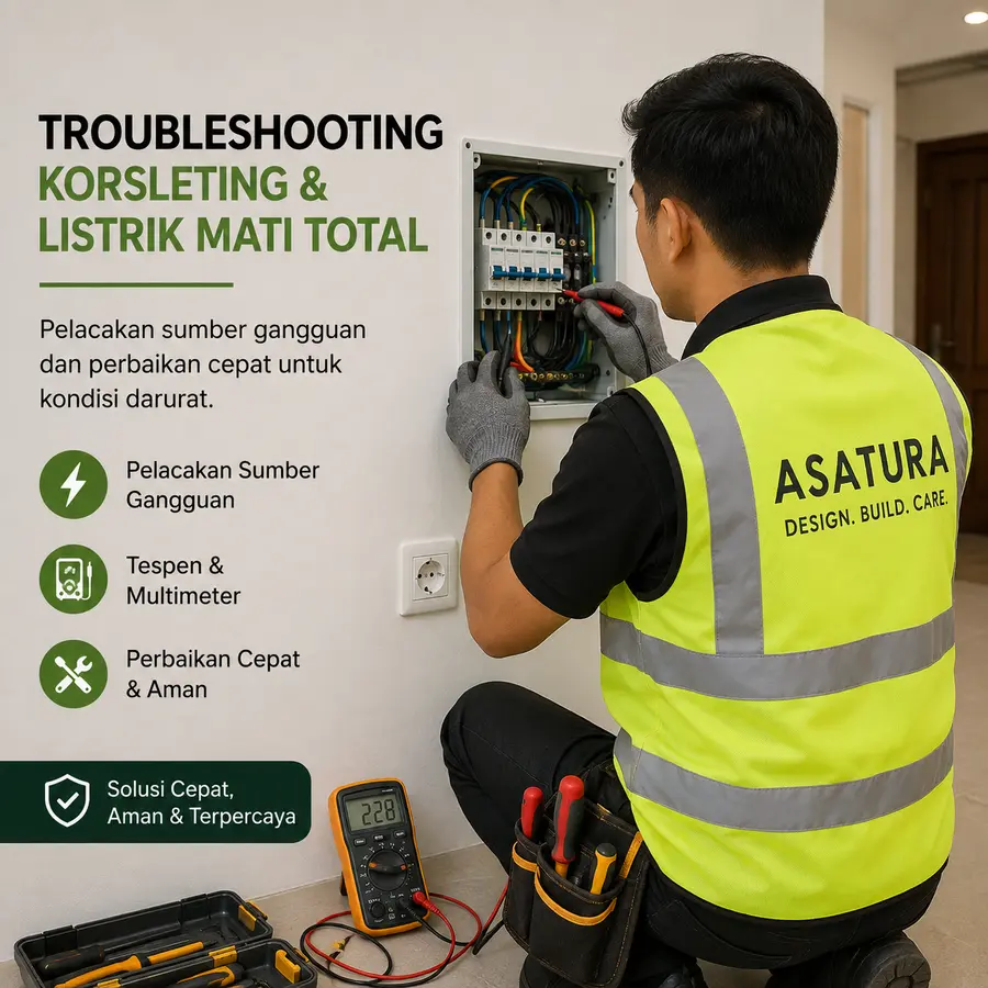 Teknisi ASATURA melacak sumber korsleting menggunakan tespen dan multimeter