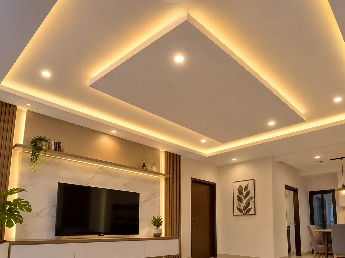 Plafon drop ceiling bertingkat dengan lampu tersembunyi di ruang tamu