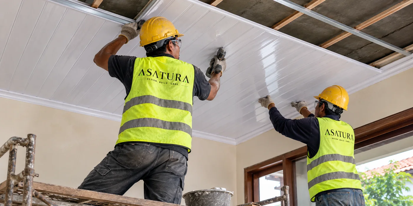 Tukang ASATURA memasang rangka hollow plafon gypsum di sebuah ruangan di Jakarta