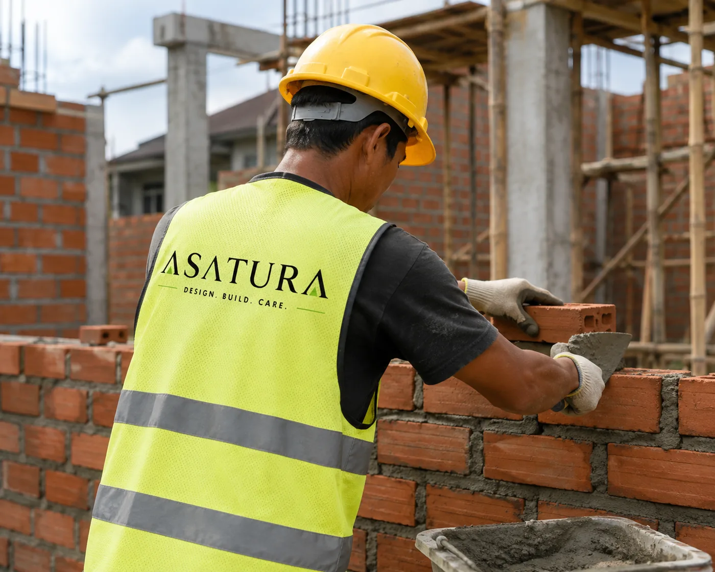 Tukang ASATURA membangun ulang dinding bata dalam proyek renovasi struktur rumah