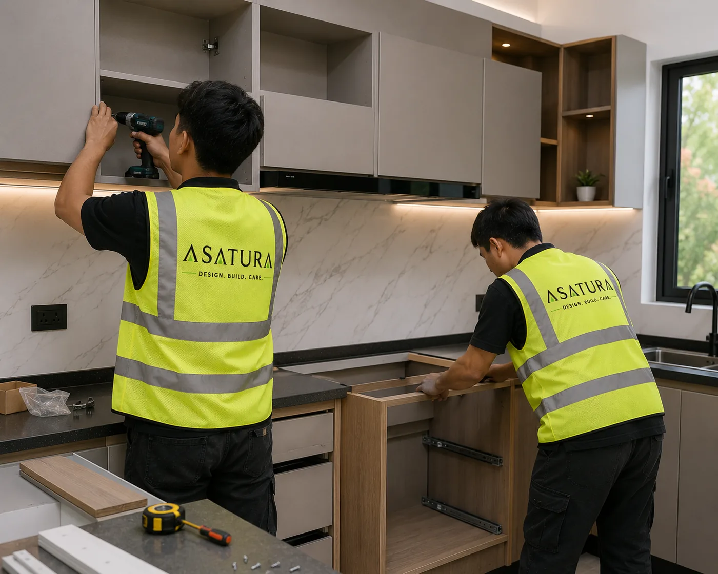 Tukang ASATURA memasang kitchen set custom dalam proyek renovasi dapur