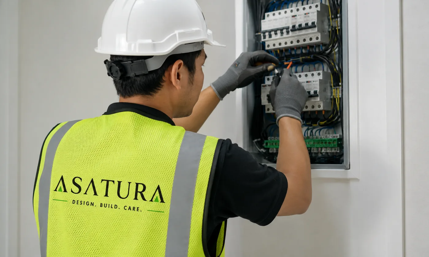 Teknisi ASATURA menata ulang instalasi kabel listrik dalam proyek renovasi rumah