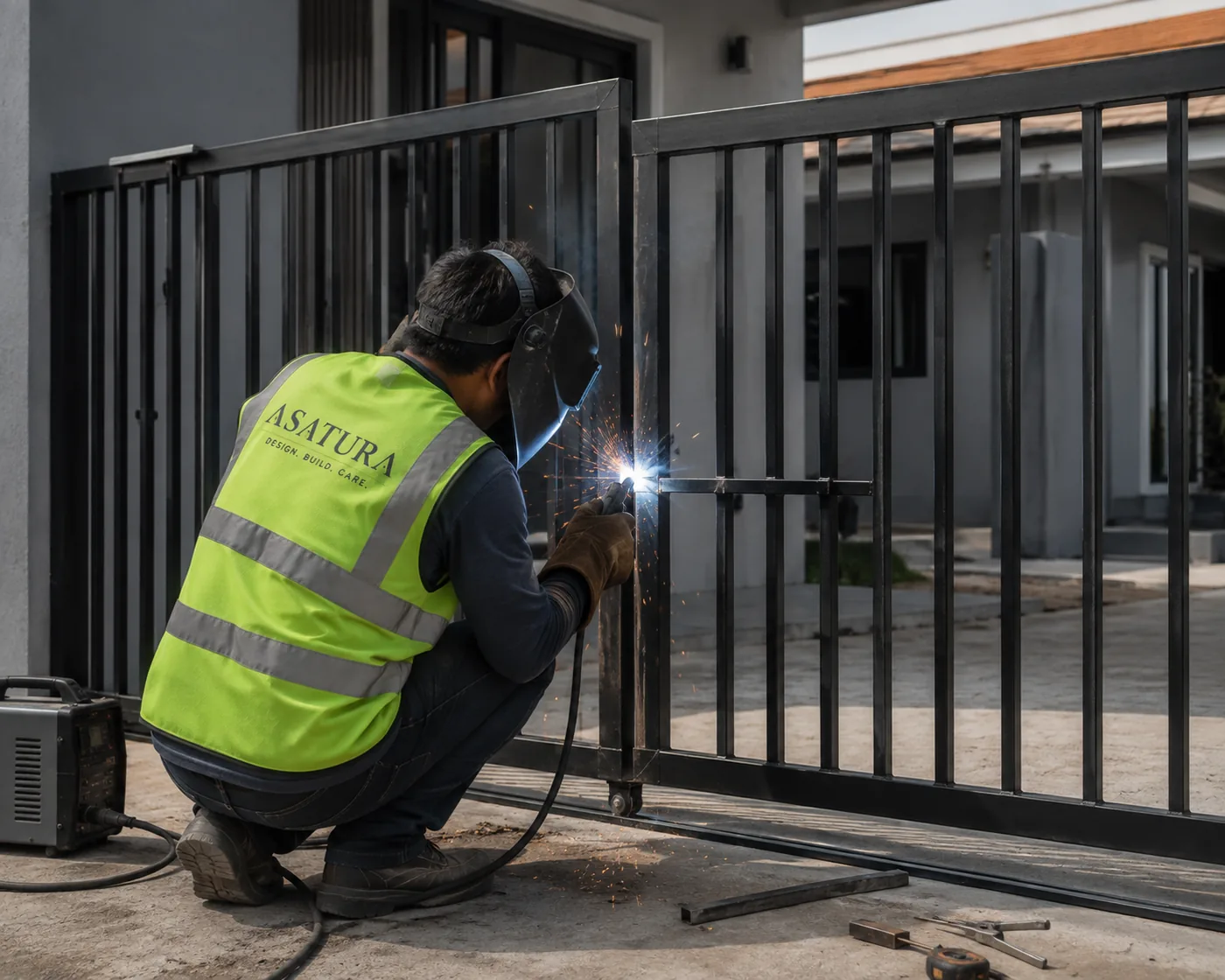 Tukang las ASATURA mengerjakan pagar besi custom di Jakarta