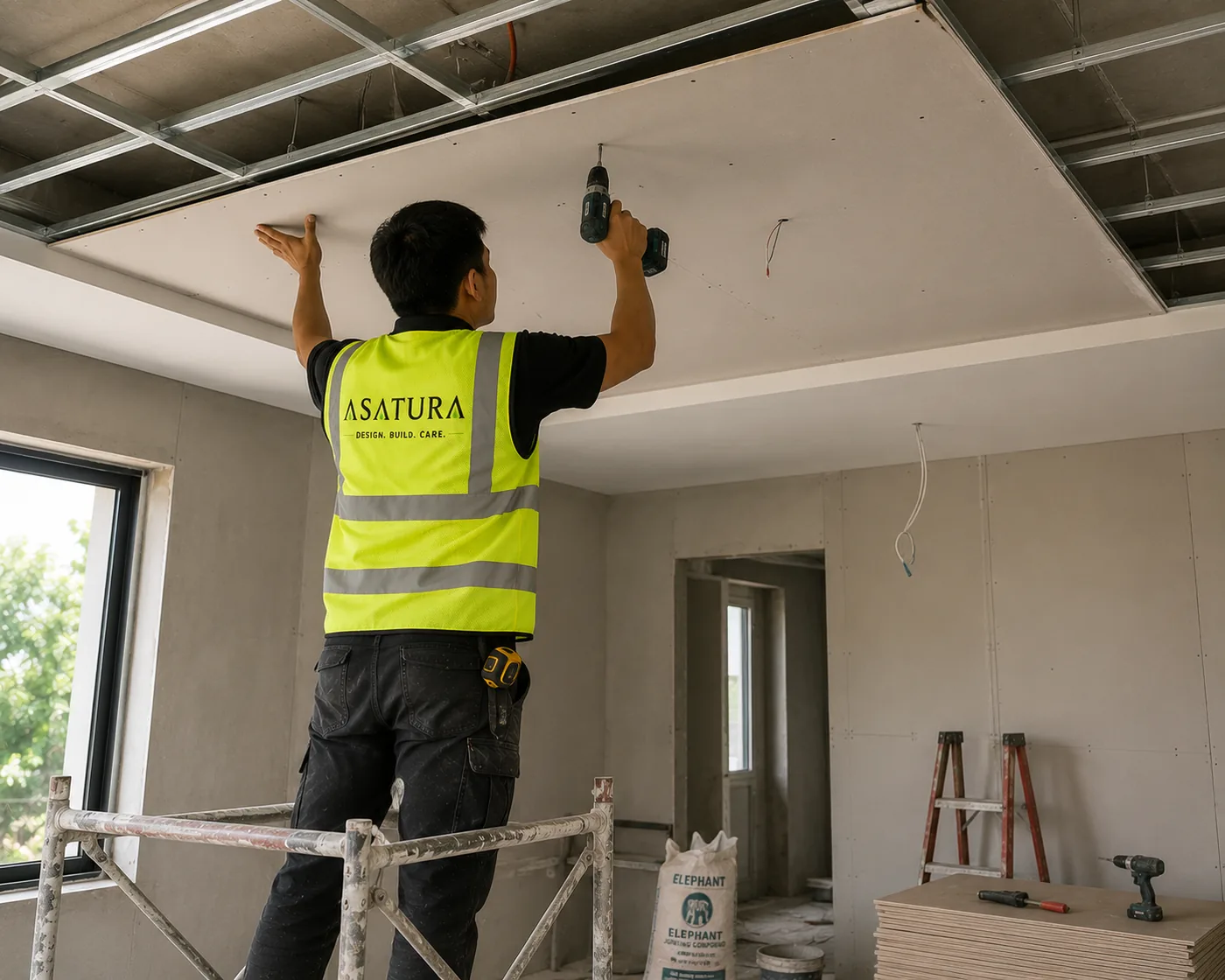 Tukang ASATURA memasang plafon gypsum baru dalam proyek renovasi rumah